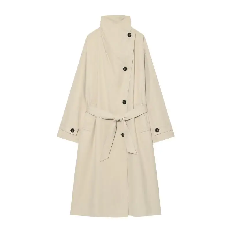 Maxdutti Southern France Minimalist Woman Clothes Khaki Long Sleeved Stand Up Collar Belt Long Jacket Windbreaker Trench Coat