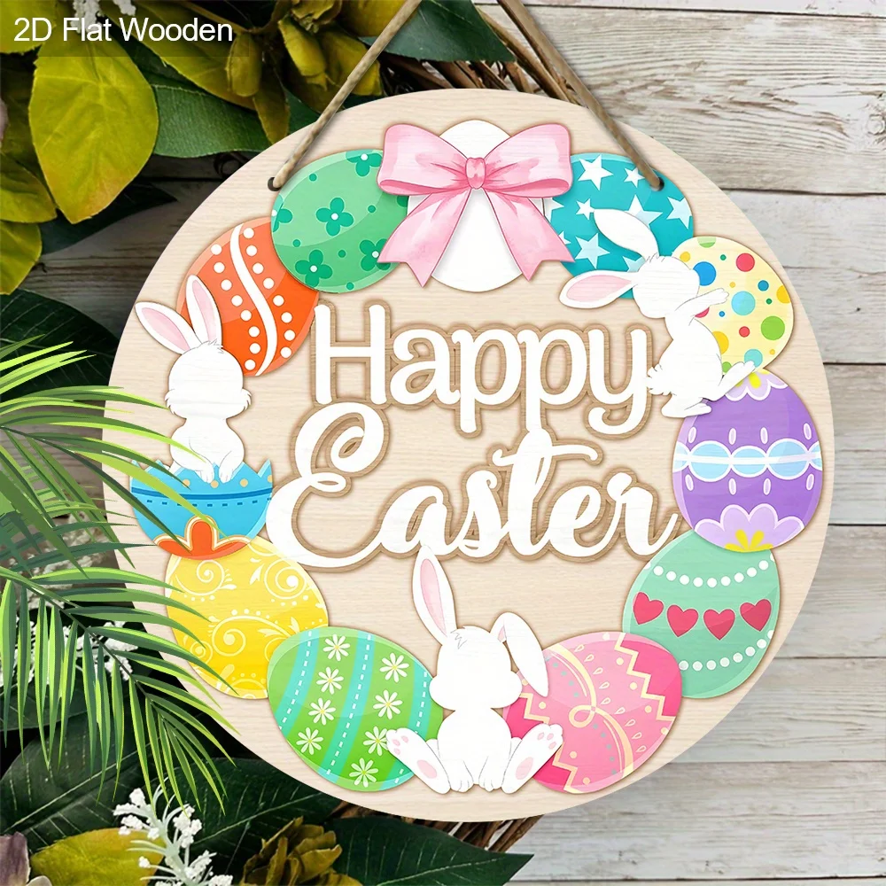 2D Flat, 1pc Easter Spring  Bow Rabbit Bunny Colored Star Heart Egg for Lover Gift Flat Wood Porch Wreath Hanging Print Housewar