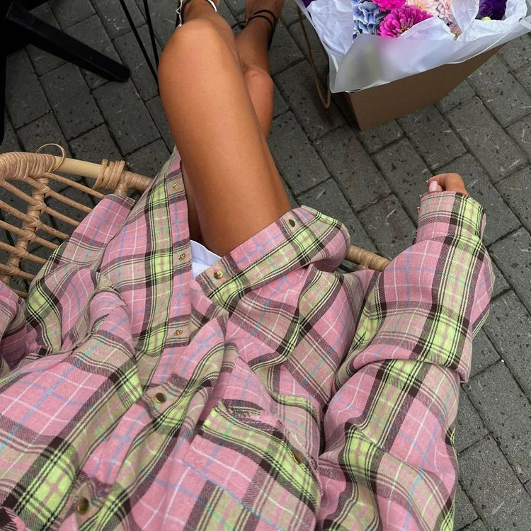 Damen Casual Vielseitiges Kariertes Hemd Herbst Retro Elegantes Revers Lose Strickjacke Top Rosa Bedruckte Langarm-Einzelknopfbluse