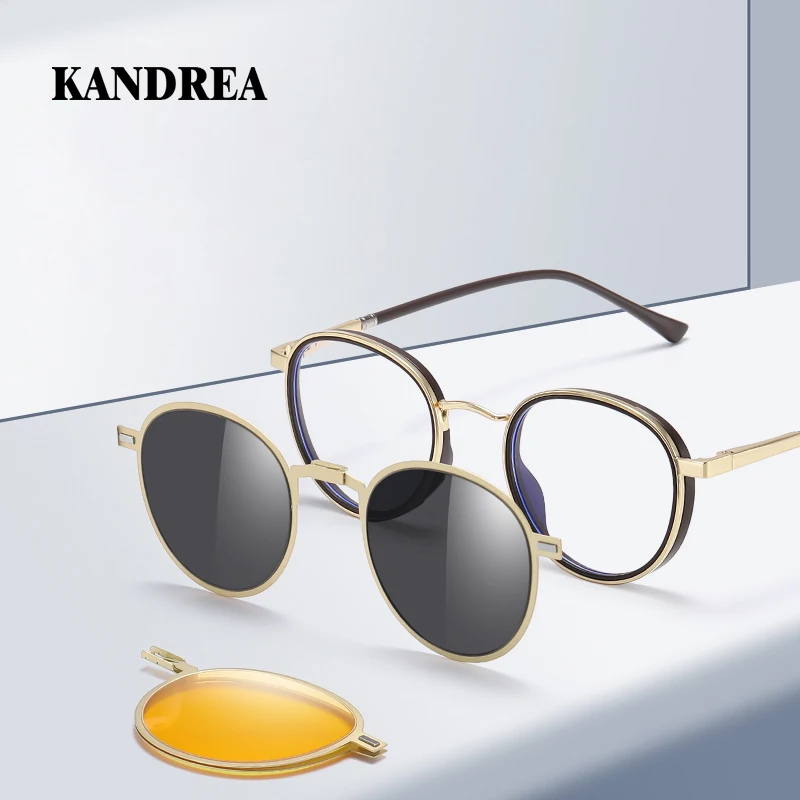 

KANDREA металлические сложенные магнитные очки ночного видения в оправе для мужчин и женщин, поляризационные круглые солнцезащитные очки 3 в 1, оптические очки для близорукости 7706