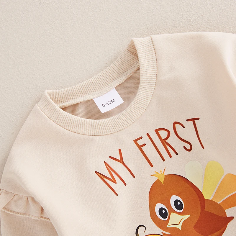 Toddler Girl Thanksgiving Outfits Letter Turkey Print Crew Neck Long Sleeve Sweatshirts Flare Pants 2Pcs Clothes Set image 5