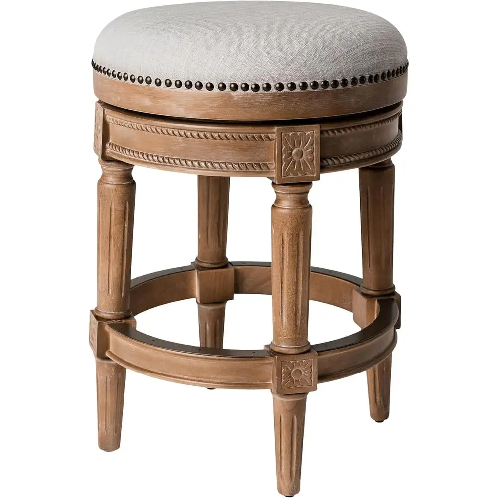 26 Weathered Oak Counter-Height Upholstered Bar Stool with Sand Fabric Seat Cushion