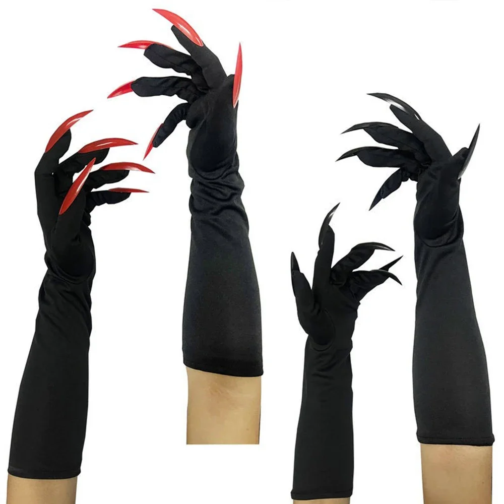 

40cm Halloween Cosplay Compulsion Fashionable Personality Stretch Ghost Claw Red Black Long Nail Gloves Stage Performance Solid