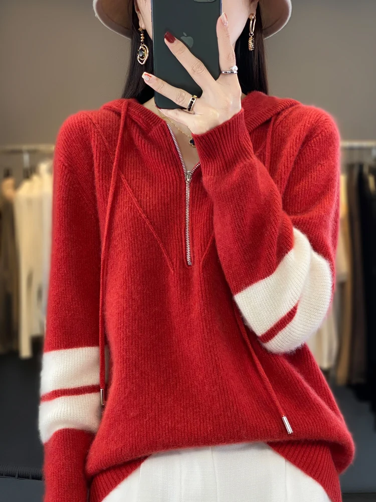 Autumn and Winter New 100% Wool Knitted Color blocked Half Zipper Women\'s Fashion Thickened Versatile Wool Sweater