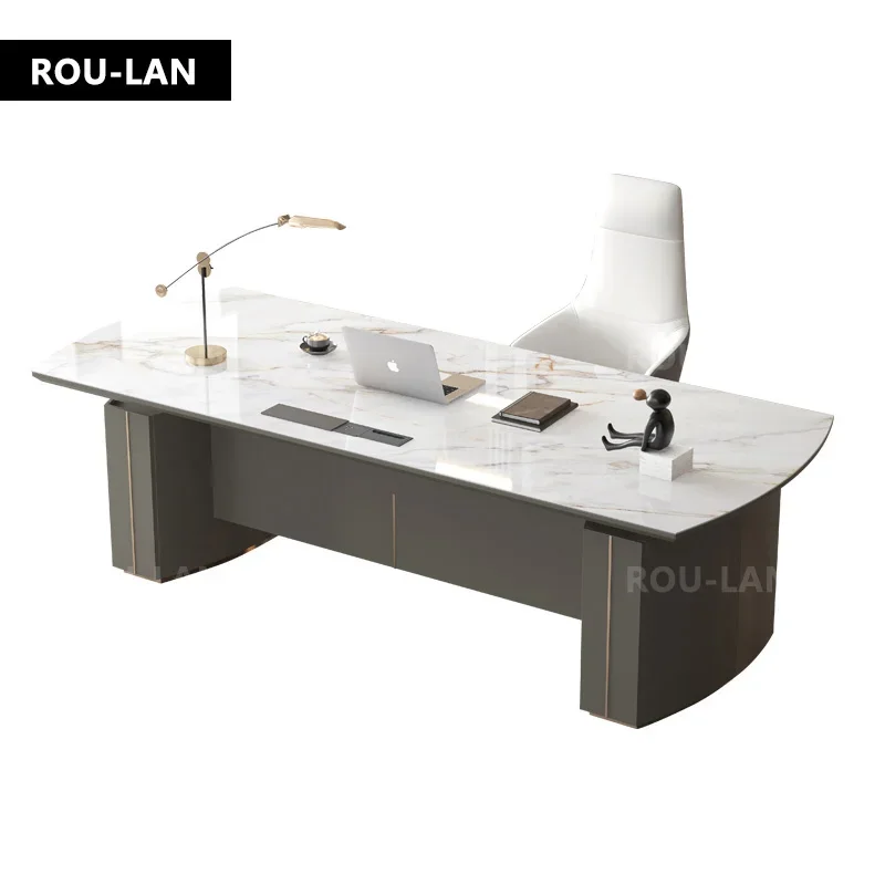 

Light Luxury Glossy Rock Panel Office Desk And Chairs Baked Lacquer Boss Desk Simple Modern Writing Desk President Desk