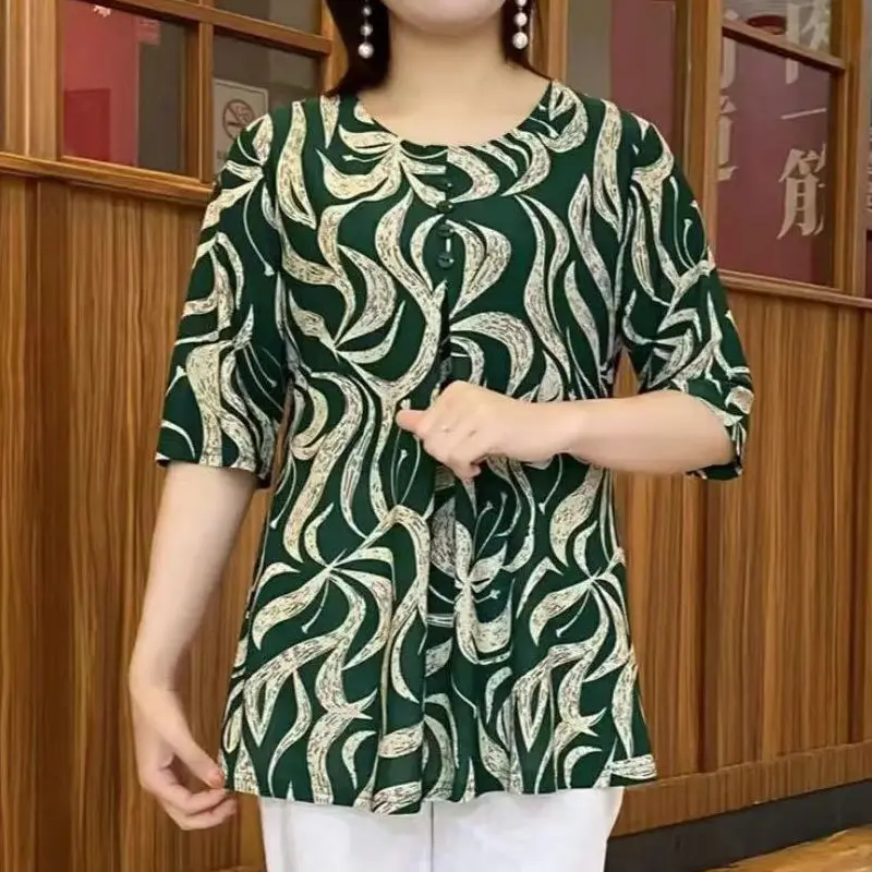 Middle Aged Women Clothing 2024 Summer Vintage Fashion Elegant Print Short Sleeve T-shirt Ladies Casual O Neck Loose Tunic Tops