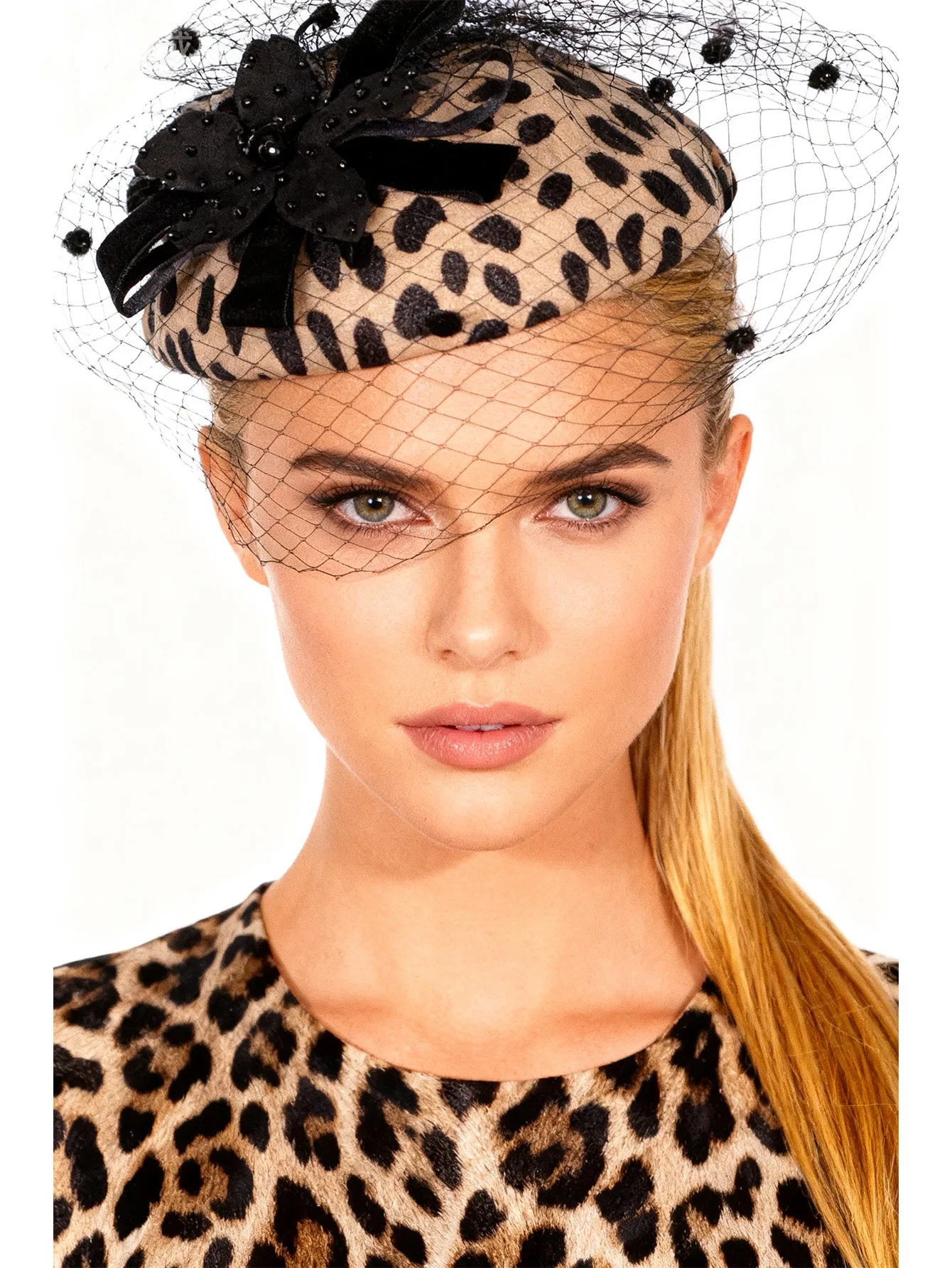 Black Leopard Wool Felt Fascinator Hat for Women Elegant Wedding Formal Tea Party Church Cocktail Hat with Veil Flower Bead Deco