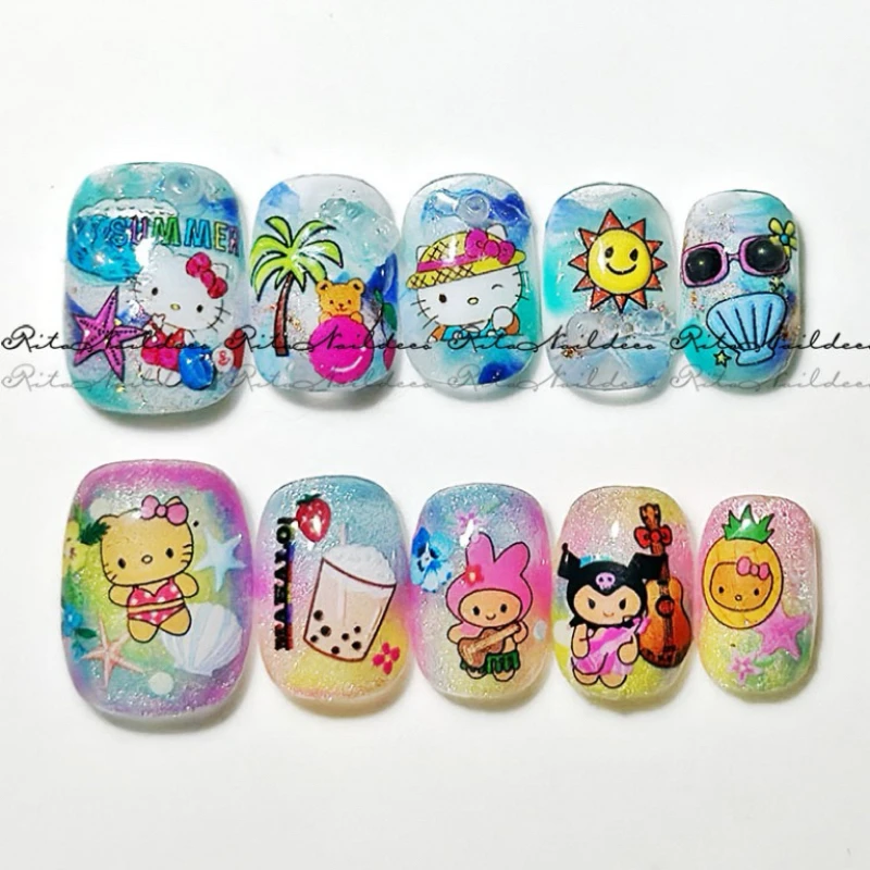 Cartoon Nail Stickers Hawaii Kitty Miami Zand Nail Art Decoratie Surfen Schelpen Stickers Nail Art Stickers