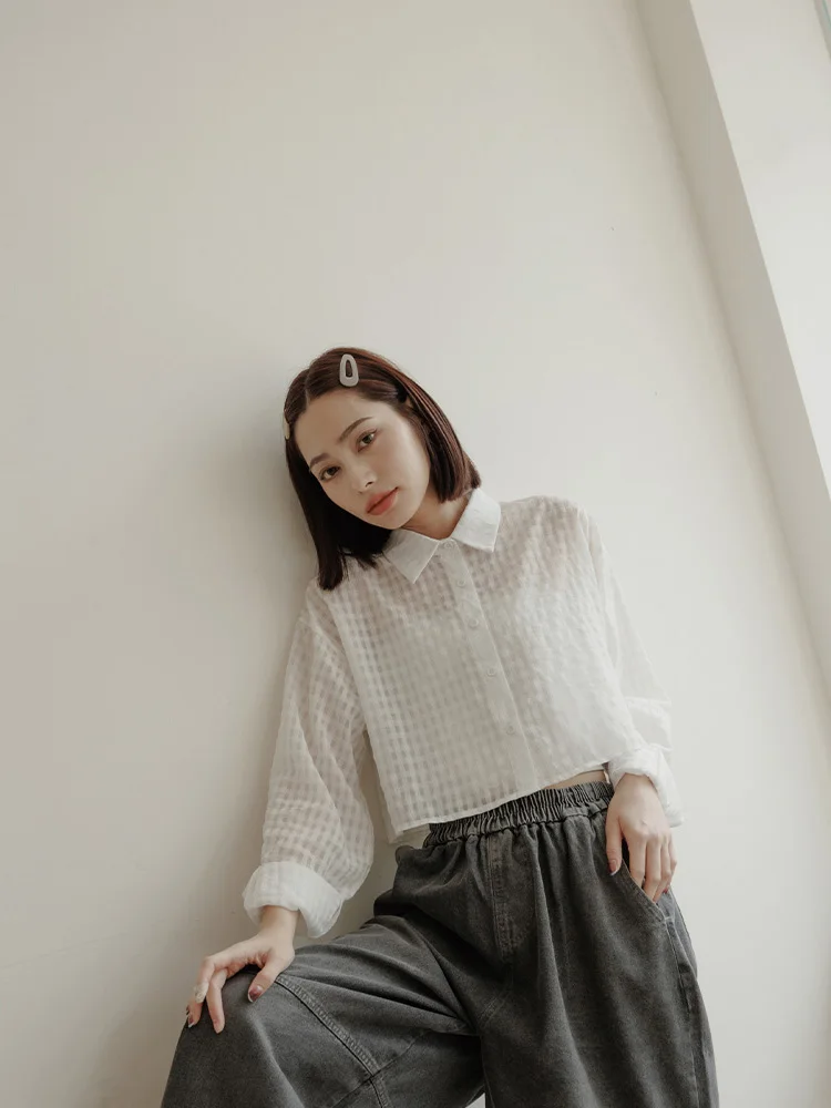 

QUEENOP Новая женская прозрачная укороченная рубашка в клетку с 3D-эффектом, для повседневной носки, из чистого хлопка и полиэстера, осень-зима