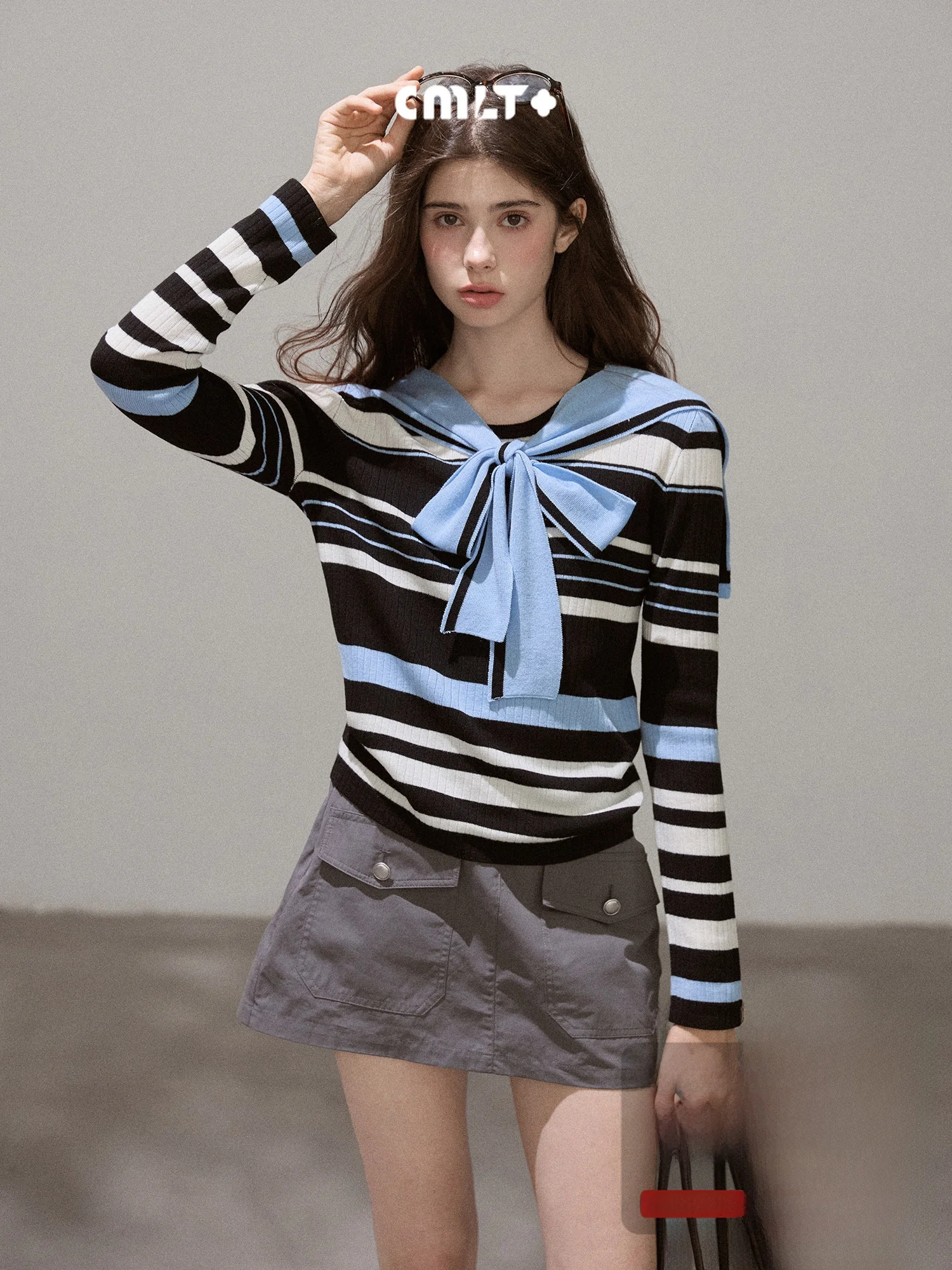 

Retro Sweetheart Knot Scarf Navy Stripe Camere Sweater Women's Top Soft Knitted Long Sve Casual Faion