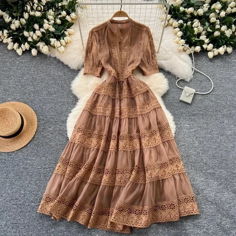 Summer Dresses for Women Slim Waist Short Sleeve Vintage Robe Femme Patchwork Lace Hollow Out Maxi Dress 2024 Vestidos De Mujer