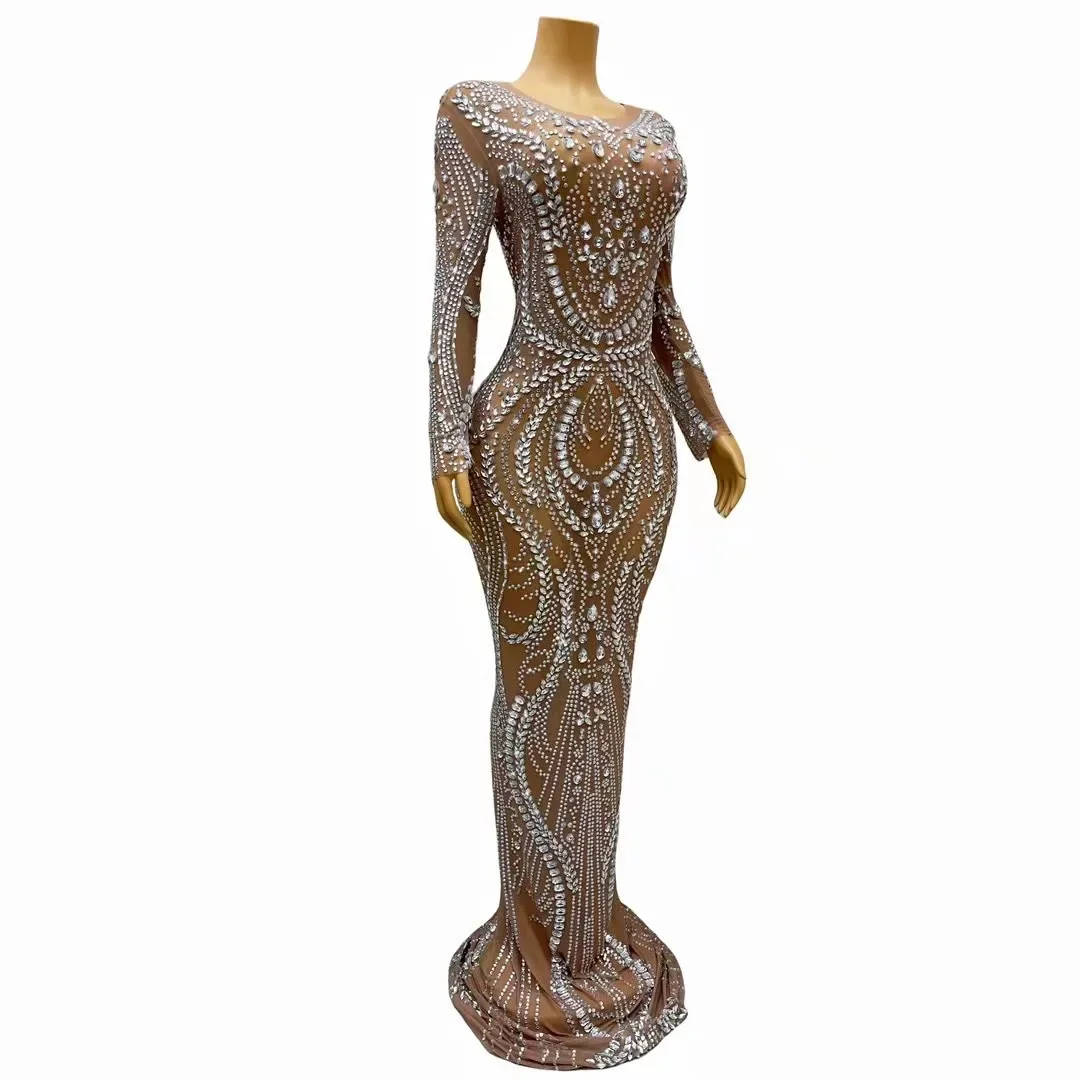 Cristais brilhantes diamantes malha sexy vestido longo o pescoço transparente feminino celebridade vestido de baile festa à noite luxo robe noite