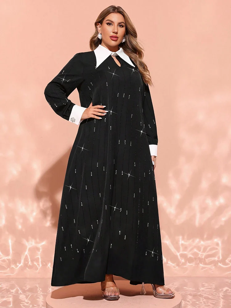 TOLEEN 2024 New Plus Size Women Luxury Elegant Contrast Color Turndown Collar Long Sleeve Maxi Loose Formal Arabian Party Dress