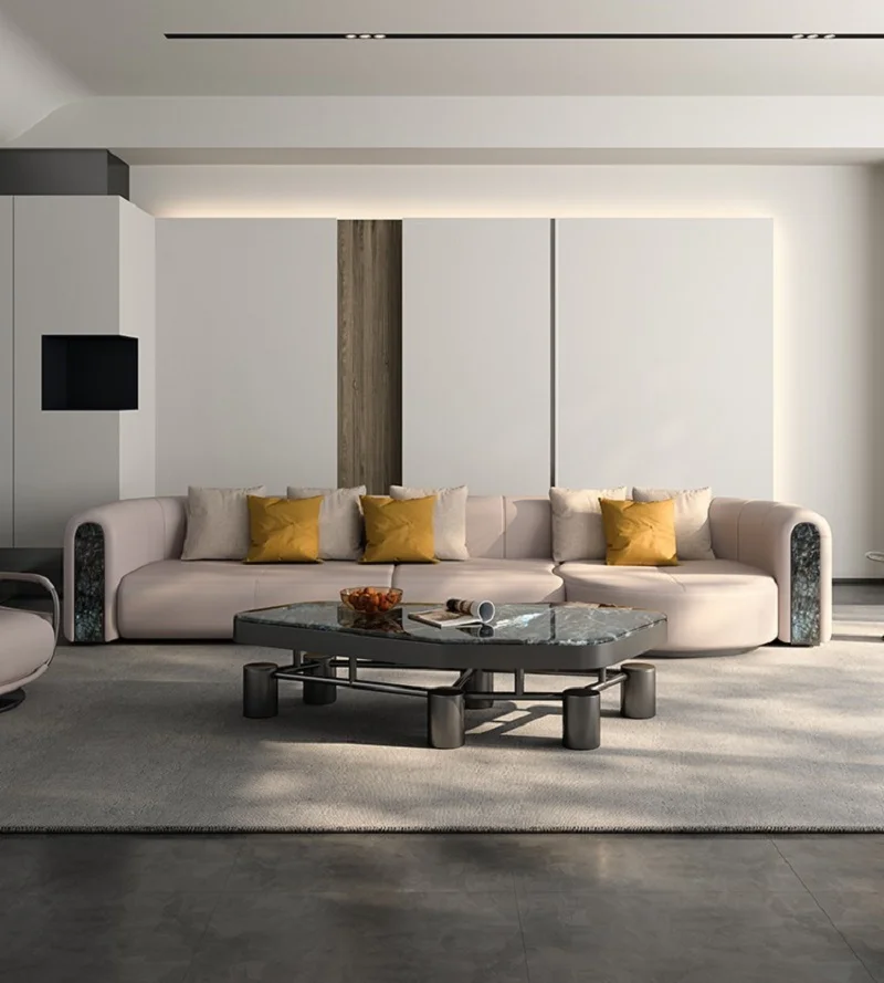 Italian minimalist leather sofa, cowhide top layer, post-modern straight-line living room, light luxury sofa, four seats