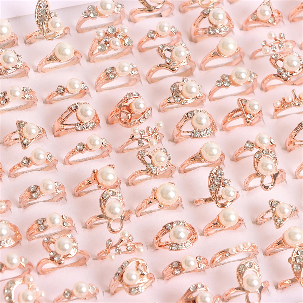 30Pcs/Lot Luxury Gold Color Imtate Pearl Rhinestone Rings for Women Wedding Engagment Finger Jewelry Accessories Party Gifts