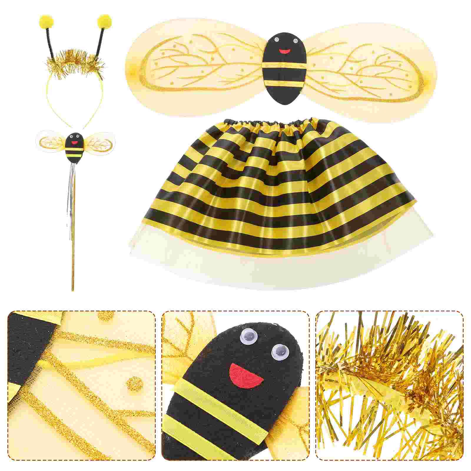 Disfraz de abeja para niños, 3 uds., con alas, diadema, varita para niños, niños, niñas, puesta en escena escolar (amarillo)