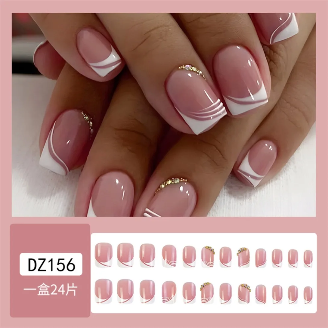 24 Stuks Kunstmatige Acryl Nail Art Nep Nagels Franse Vierkante Kop Witte Rand Studs Valse Nagel Verwijderbare Nagels Druk Op Tips