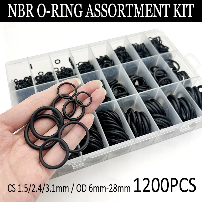 

Black O-Ring Kit 1200Pcs NBR Nitrile Rubber CS 1.5/2.4/3.1mm OD 6-28mm Oil-Wear Resistant Industrial Automotive Applications