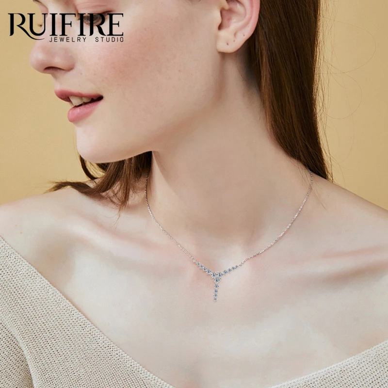 

RUIFIRE D Moissanite Y Shaped Pendant Necklace 14K Gold Plated S925 Sterling Silver Chain Necklaces Women Wedding Party Jewelry