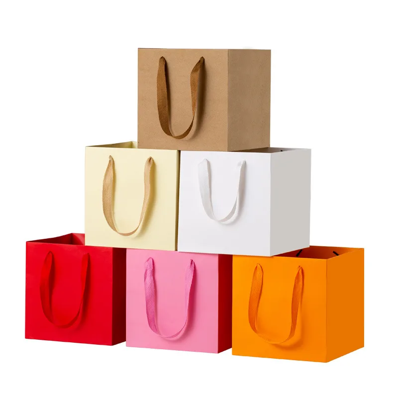10Pcs Kraft Paper Gift Bag with Handles Square Flower Cake Takeaway Packaging Bags for Small Business Wedding  Birthday Party