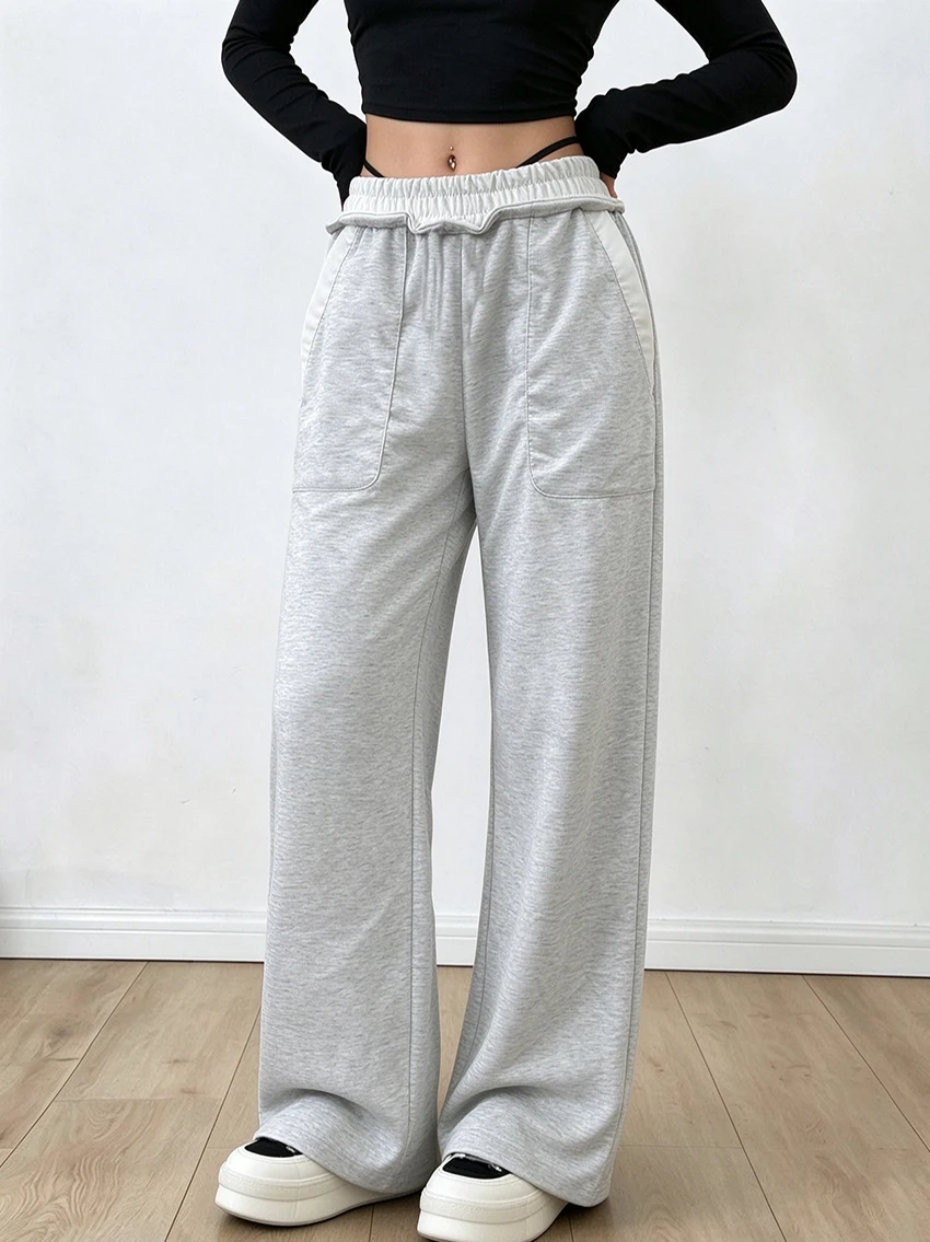 Ladies Ladies Soft Knit Casual Sweatpants Ruffle Elastic Waist Loose Straight Wide Leg Trousers With Multi Pockets Daily Wear Bottoms - Aliexpress Deal