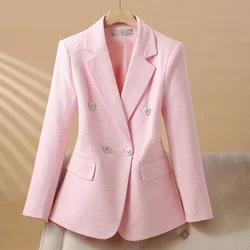 Black Pink Plaid Ladies Blazer Jacket Women Long Sleeve Double Breasted Casual Coat Autumn Winter Female Woolen Suit Outerwear