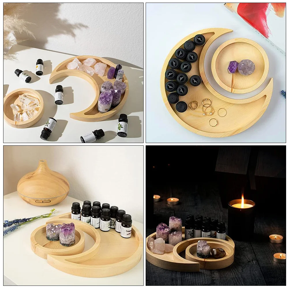 

Round Wooden Tray Sun Moon Combo Crystal Stone Storage Essential Oil ganizer Home Decor Practical Gift Smooth Surface Long