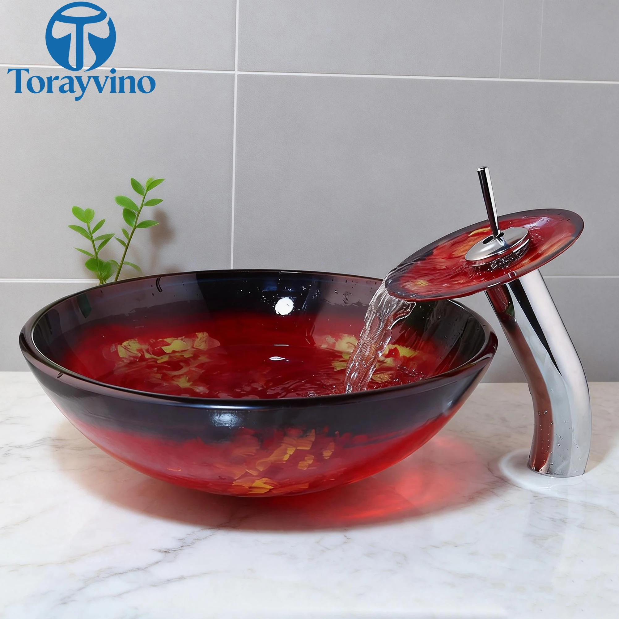 Torayvino bathroom sink basin lavabos modernos Waterfall Glass Hand Painted wash basin deck mounted faucet Water Mixer taps