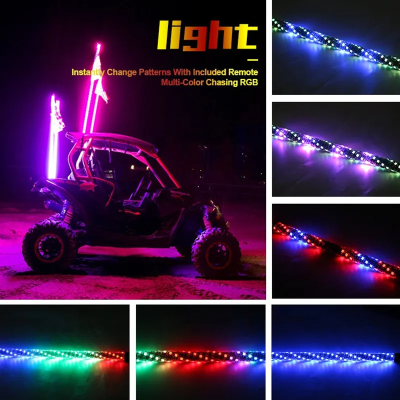 

12V Motorcycle Lighted Spiral LED Whip 2/3/4/5FT Antenna wIth Flag 375 LED Flagpole Lamp with Remote Control for Jeep ATV UTV