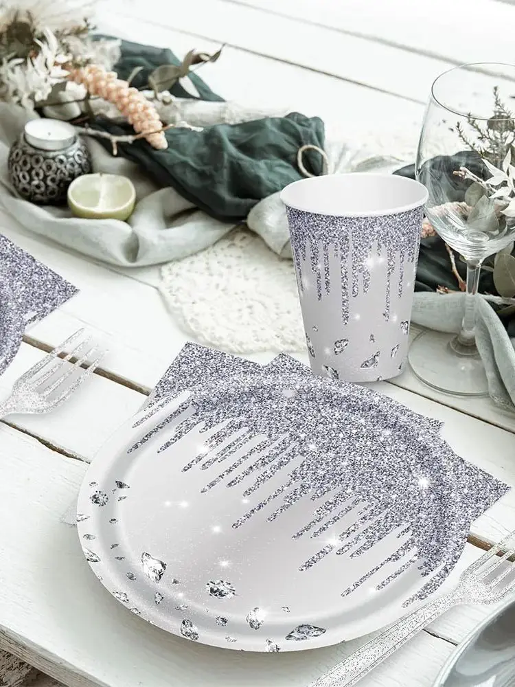 Silber-Glitzer Einweg-Geschirrset Luxuriöse Diamant-Pappteller Becher Servietten Tischdecke Hochzeit Brautparty Partyzubehör – Detail 5