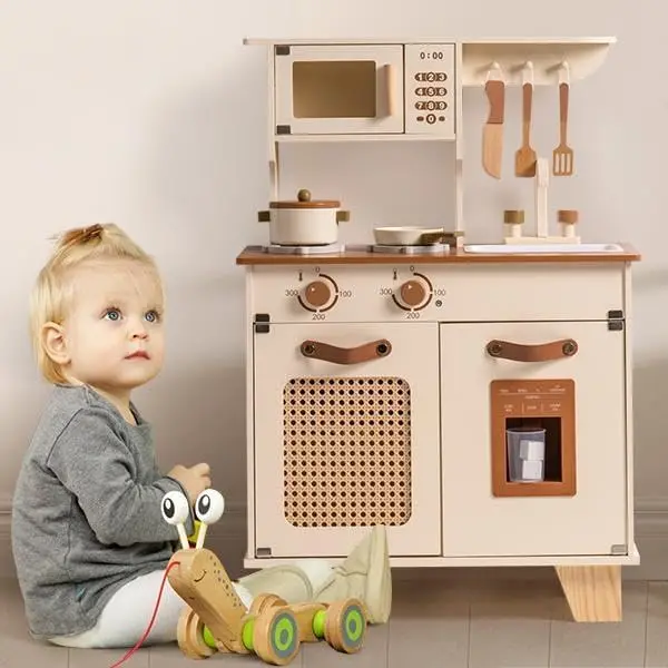 Kids Kitchen Playset, Mocha Montessori Wooden Play Kitchen with Ice Dispenser, Pretend Toddlers Kitchen Toy with Accessories, Ba