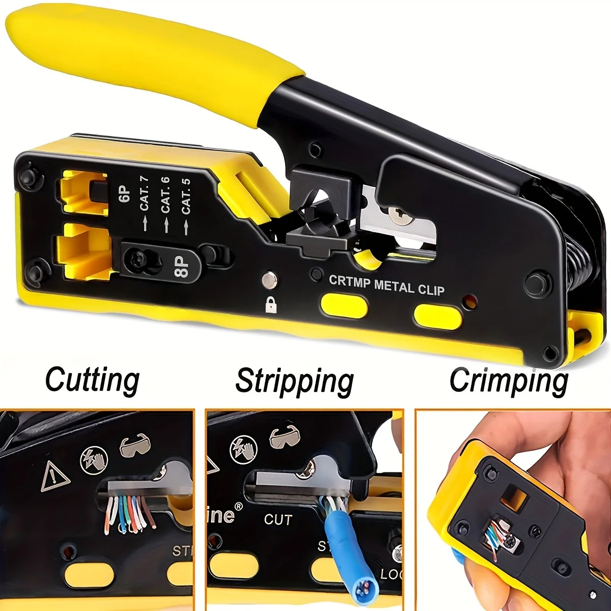 Straight RJ45 Crimping Tool Kit, Integrated Ethernet Crimper Cat7 Cat6 Cat5 Crimping Tool Ratchet Modular Data Cable Crimper