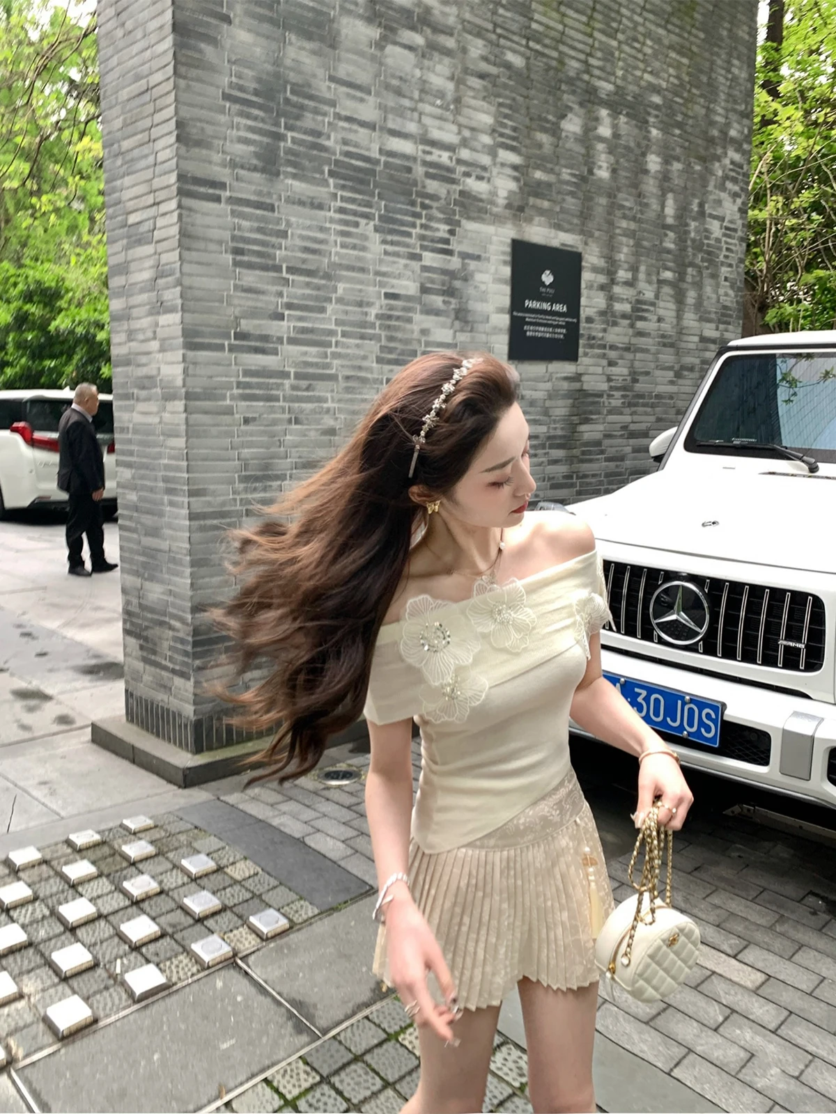 

Cchen Chencheng Knitted One-oulder Soft Embroidered Women's Top Summer New Sweet Sle Slim Fit ort Sve Casual Tee