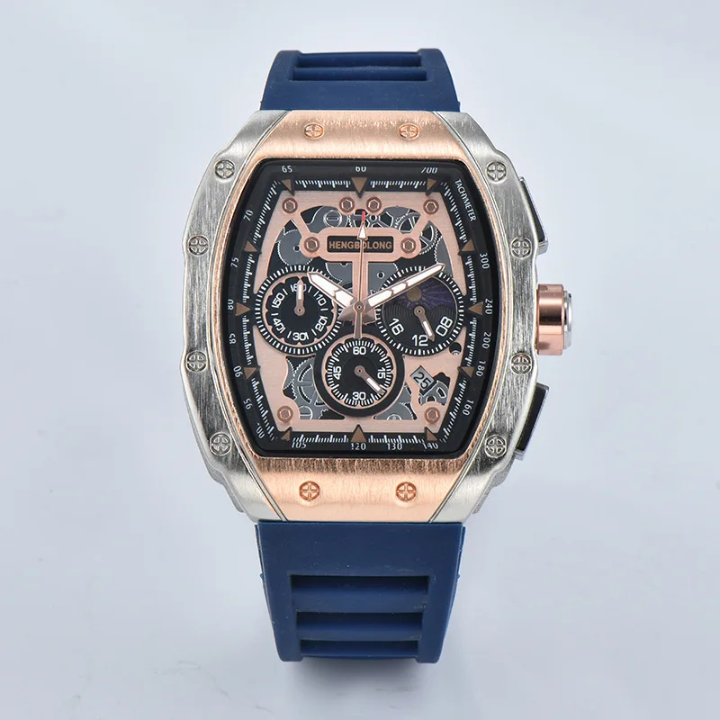 Skeletonized men's business sports multi-functional perpetual calendar quartz watch, perpetual calendar tape wristwatchbronze