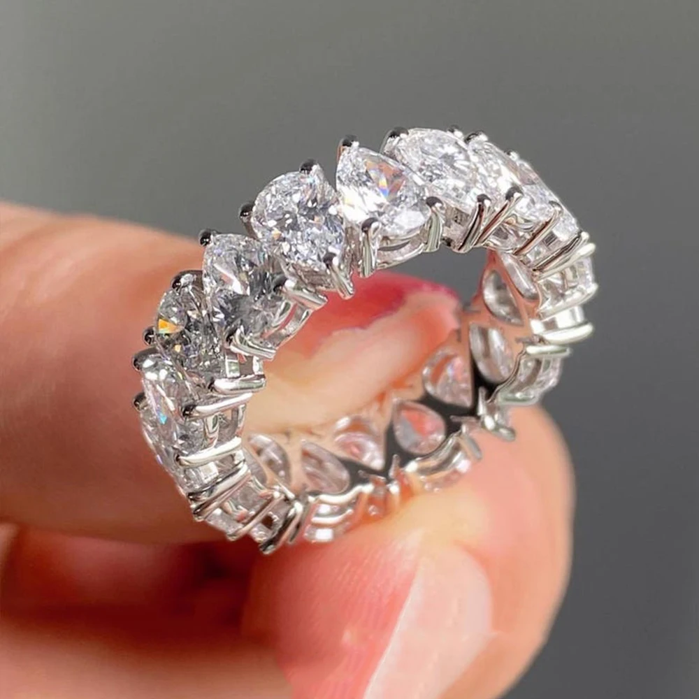 3x5mm Pear‑Cut Full‑Eternity Moissanite Ring for Women, Certified 925 Sterling‑Silver Stacking Band, Ideal for Proposal & Wedding Occasions, Fine Jewelry Gift for Her