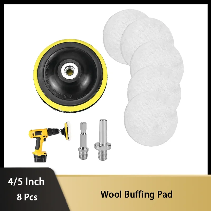 4/5 Inch Wool Buffing Pad Kit 8 Pcs with Backing Pad and M10 Adapter Attachment Cordless Screwdriver Angle Easy Interchangeable