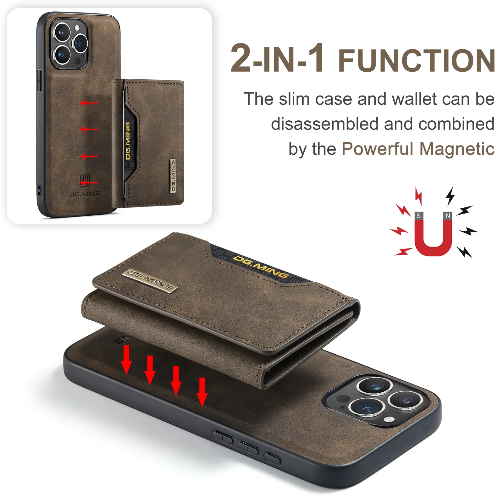 DG.MING 2In1 Detachable Magnetic Leather Wallet Phone Case for iPhone 16 15 14 13 12 Pro Max Plus SE 2020-22 Wallet+Basic Case