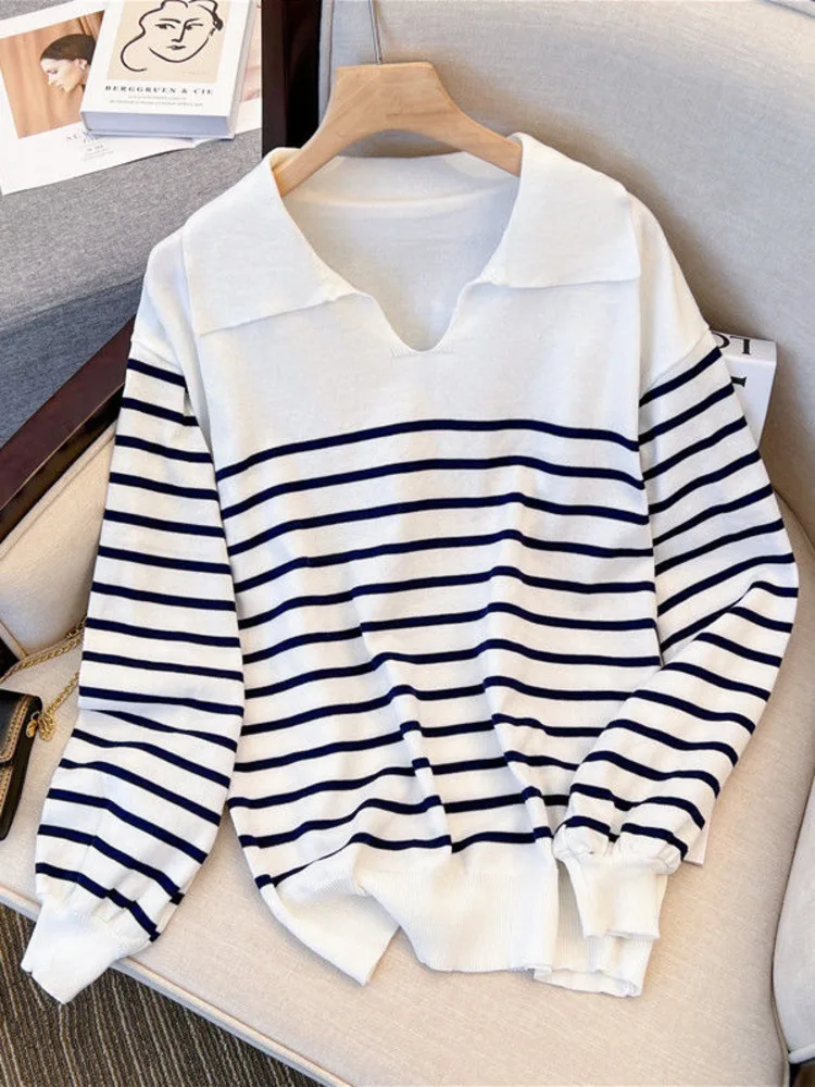 

2022 Autumn New Pullovers Sweaters Women Casual Loose Knitted Tops Turn-down Collar Striped Vintage Jumpers