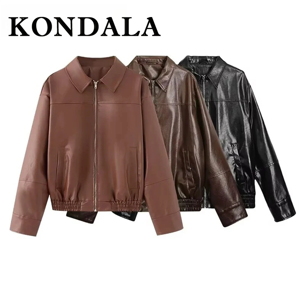 KONDALA Fashion 2025 Fall PU Casual Cool Women Streetwear Pilot Jackets Moto Zipper Pockets Jacket Vintage High Street  Jackets