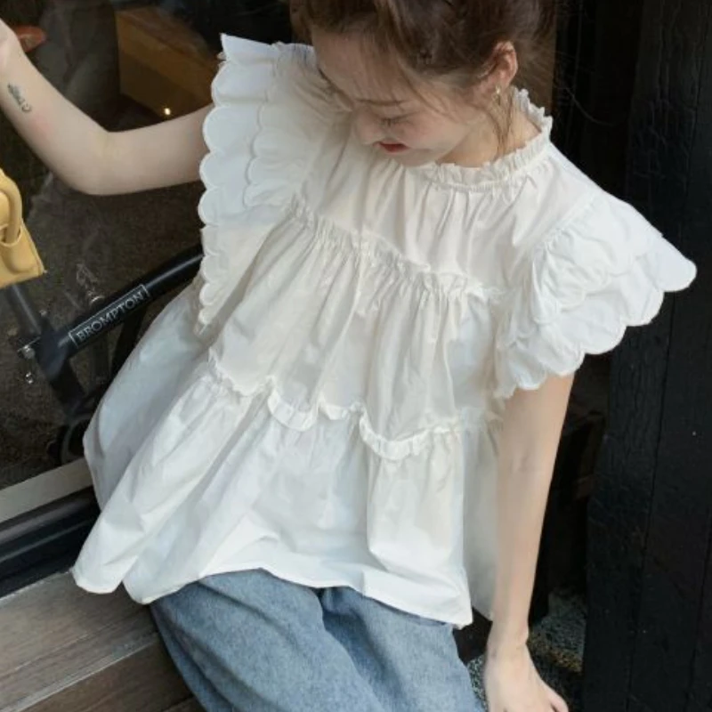 Flying Sleeve Blouses Women Ruffles Aesthetic Summer Simple Kawaii Temper Girl Streetwear Clothing Tender Casual Daily Basics