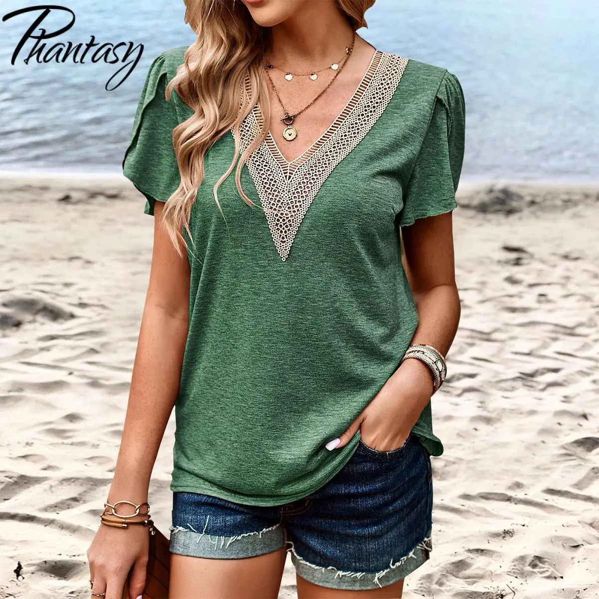 Phantasy Woman Beach V-neck Sexy T-shirts Short Sleeve Casual Tops Elegant Lady Office Tee Shirts Summer Female Sexy Clothing