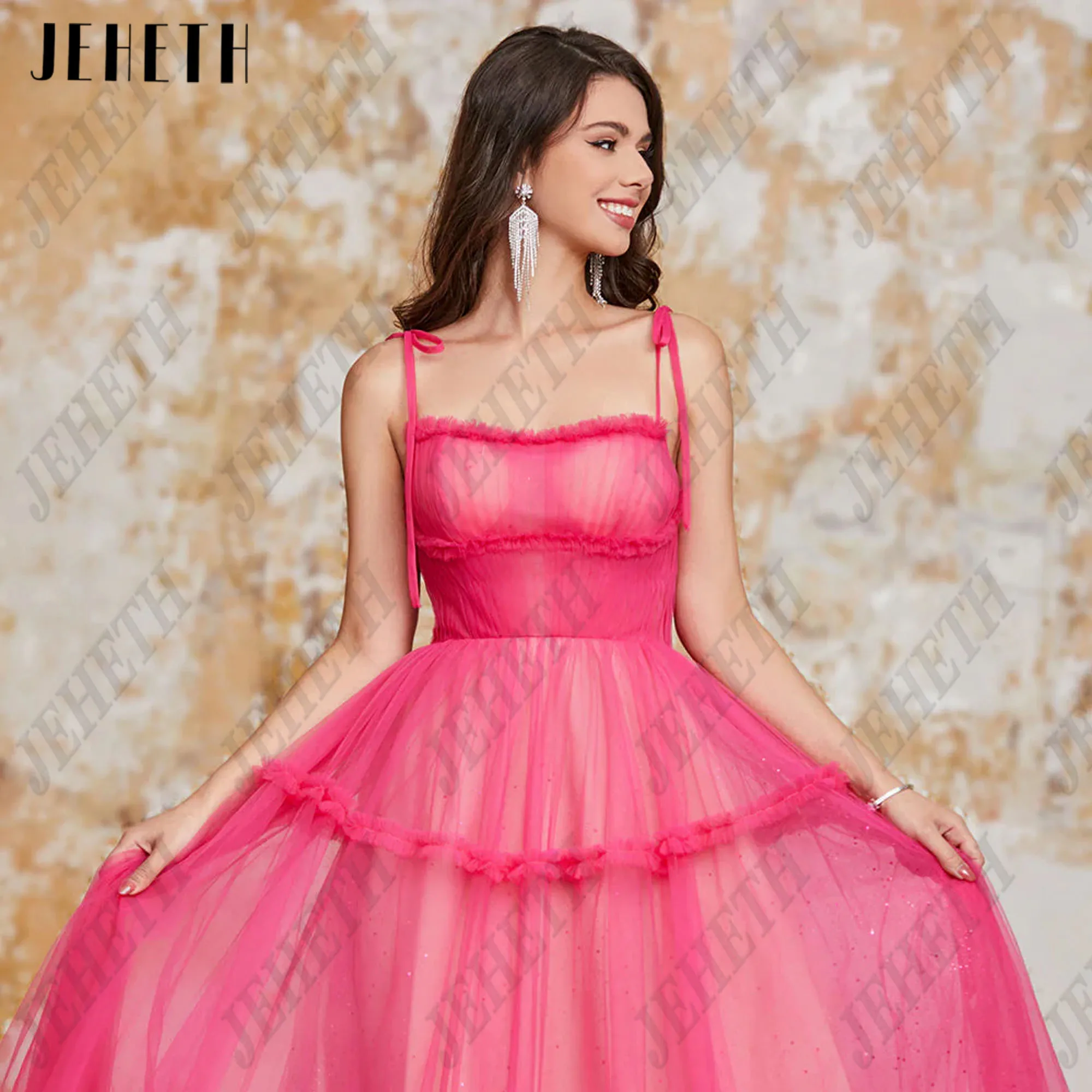 Jeheth Fee Fuschia Tüll Ballkleid Spaghetti träger A-Linie Abendkleider boden lange formelle Anlass Kleider angepasstJEHETH Fee Fuschia Tüll Ballkleid Spaghetti Träger A-Linie Abendkleider Bodenlang Formelle Anlässe Kl