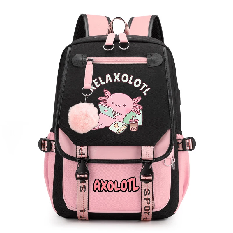 Cute Axolotl Impresso Student Schoolbag para Meninas, Mochila, Travel Bag, USB, Volta para a Escola Presente