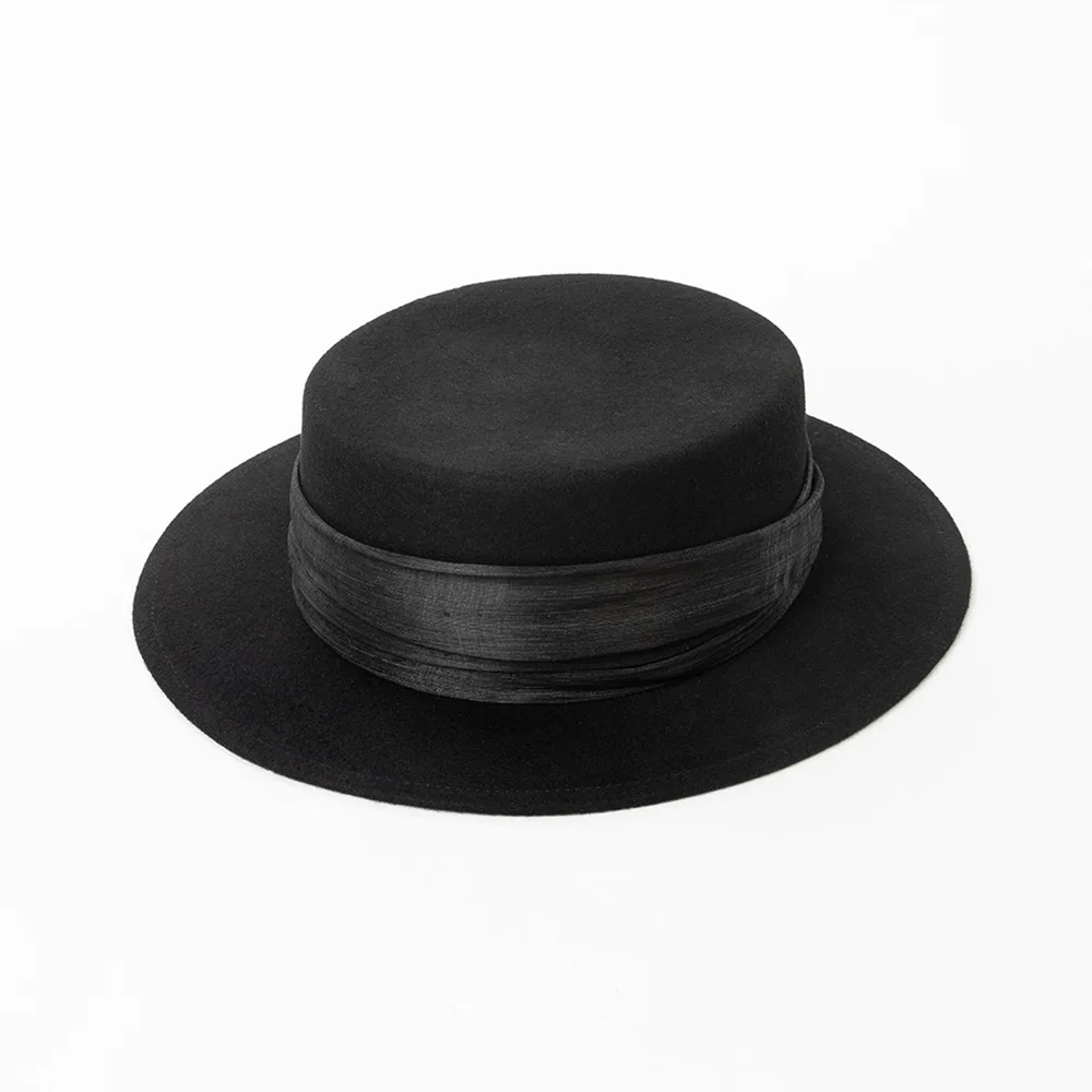 Autumn Winter New Fashion Simple Linen Ribbon Wool Flat Top Hat Women Outdoor Warm Felt Hat Trendy