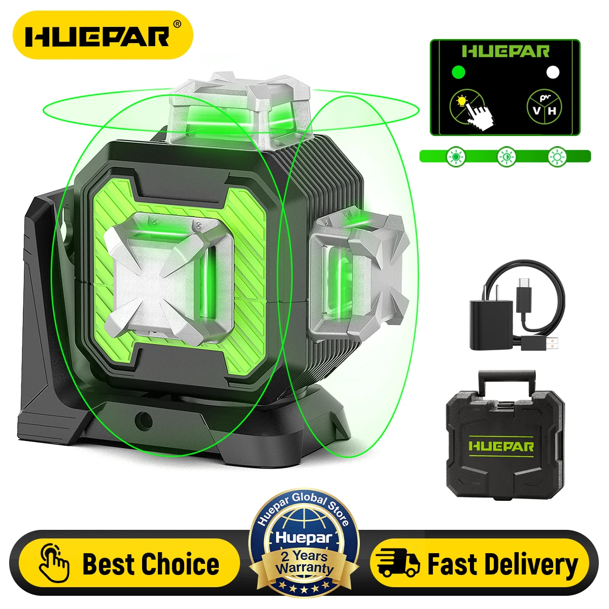 Huepar 360° 12 Lines Green Beam Laser Level,3-Speed Brightness Self-leveling Cross Line Laser with Lithium Battery for Tiling