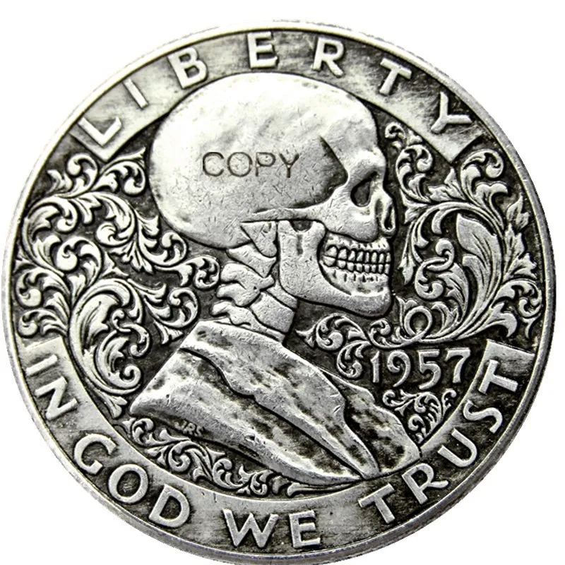 FK(03) Hobo Creative 1957 Franklin Silver Half Dollar skull zombie skeleton hand carved Copy Coins