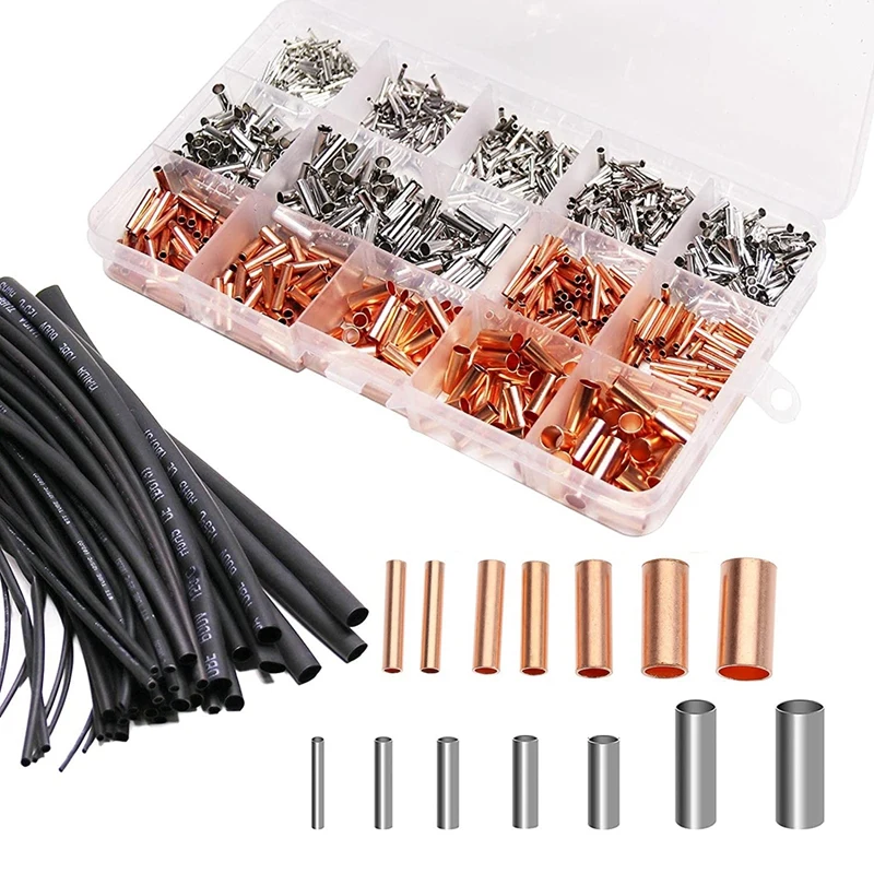 

970Pcs Wire Ferrules Kit Tinned Copper Crimp Connector Electrical Cable Pin Cord Terminal Kit With Heat Shrink Tubing