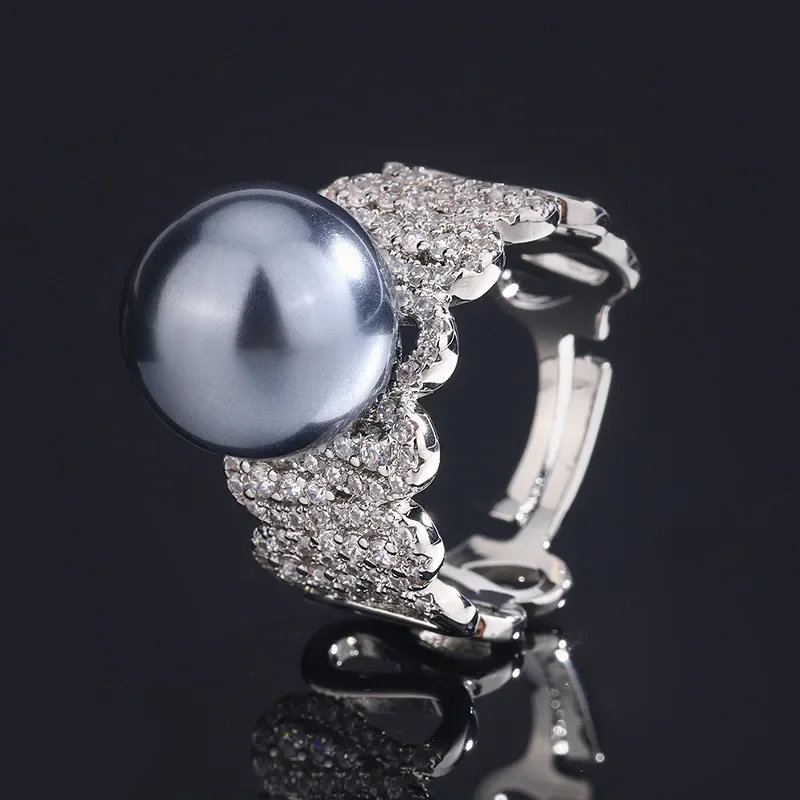 New jewelry S925 silver plated 18K gold inlaid row ring pearl temperament artificially cultivated gemstone ring 12mm