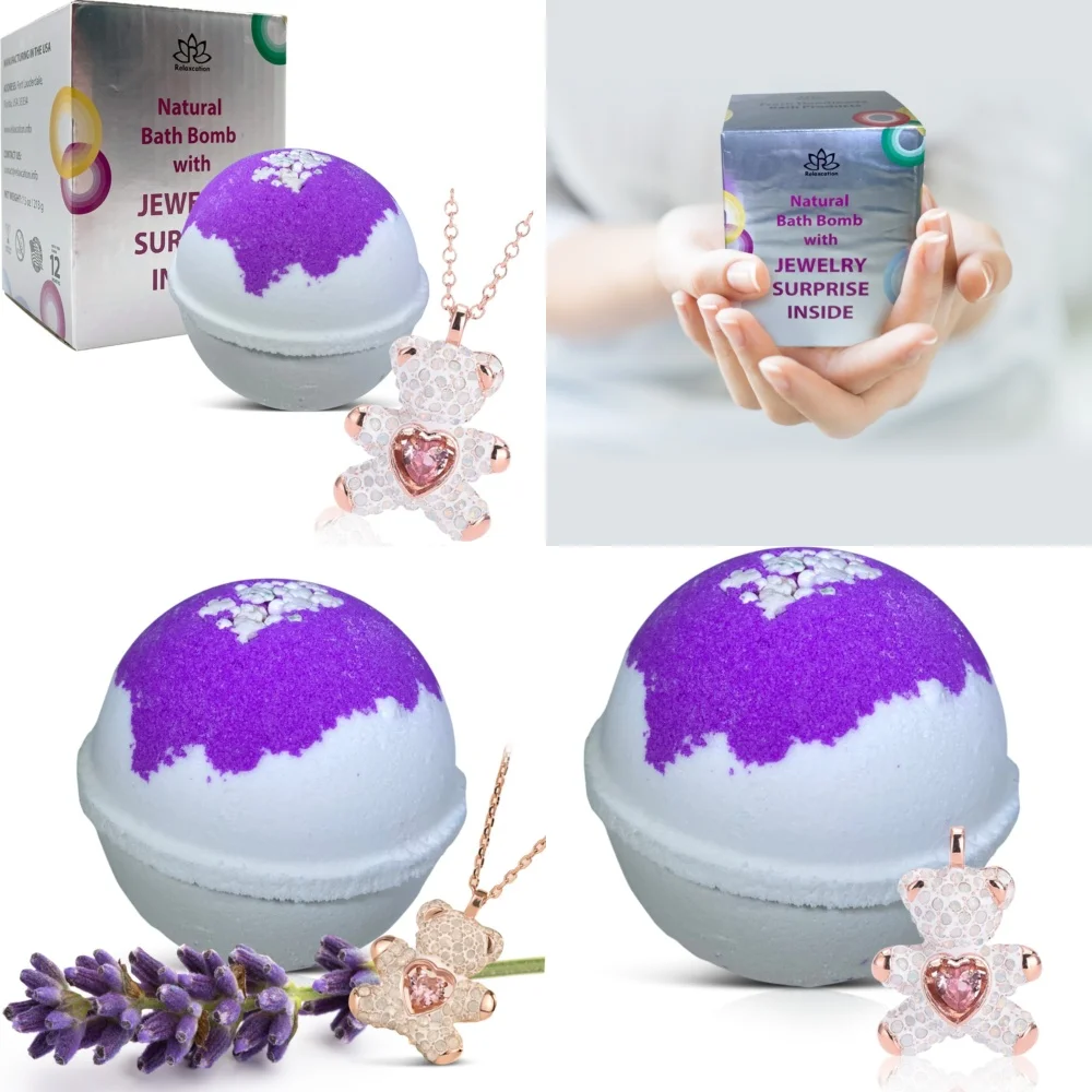 

Bath Ball1 piece 7.5 oz bath with cute bear necklace handmade in USA luxury bath gift for women self care spa relaxation
