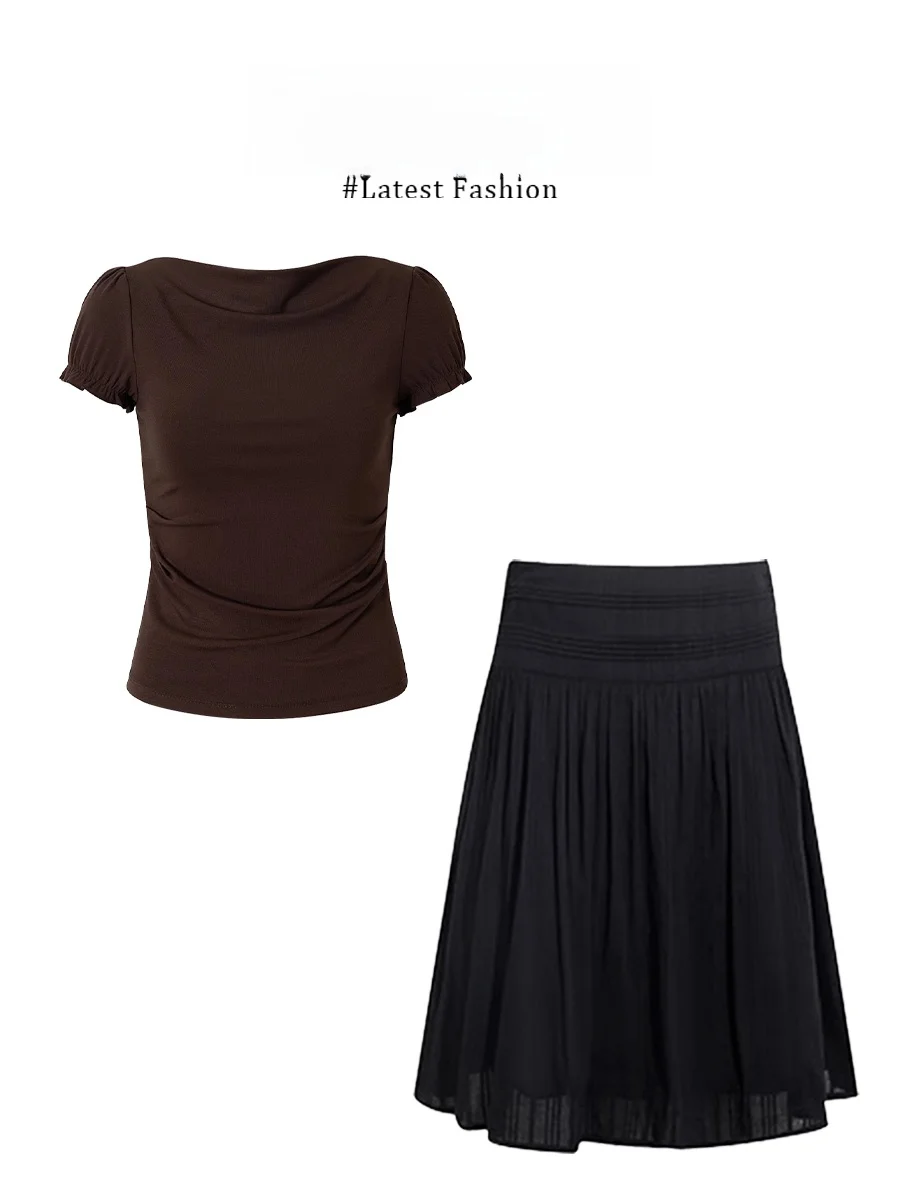 

Летний женский модный комплект Parkyeon: топ-халтер с коротким рукавом и юбка миди, комплект из двух предметов с круглым вырезом, в стиле Pure Desire Spicy Girl